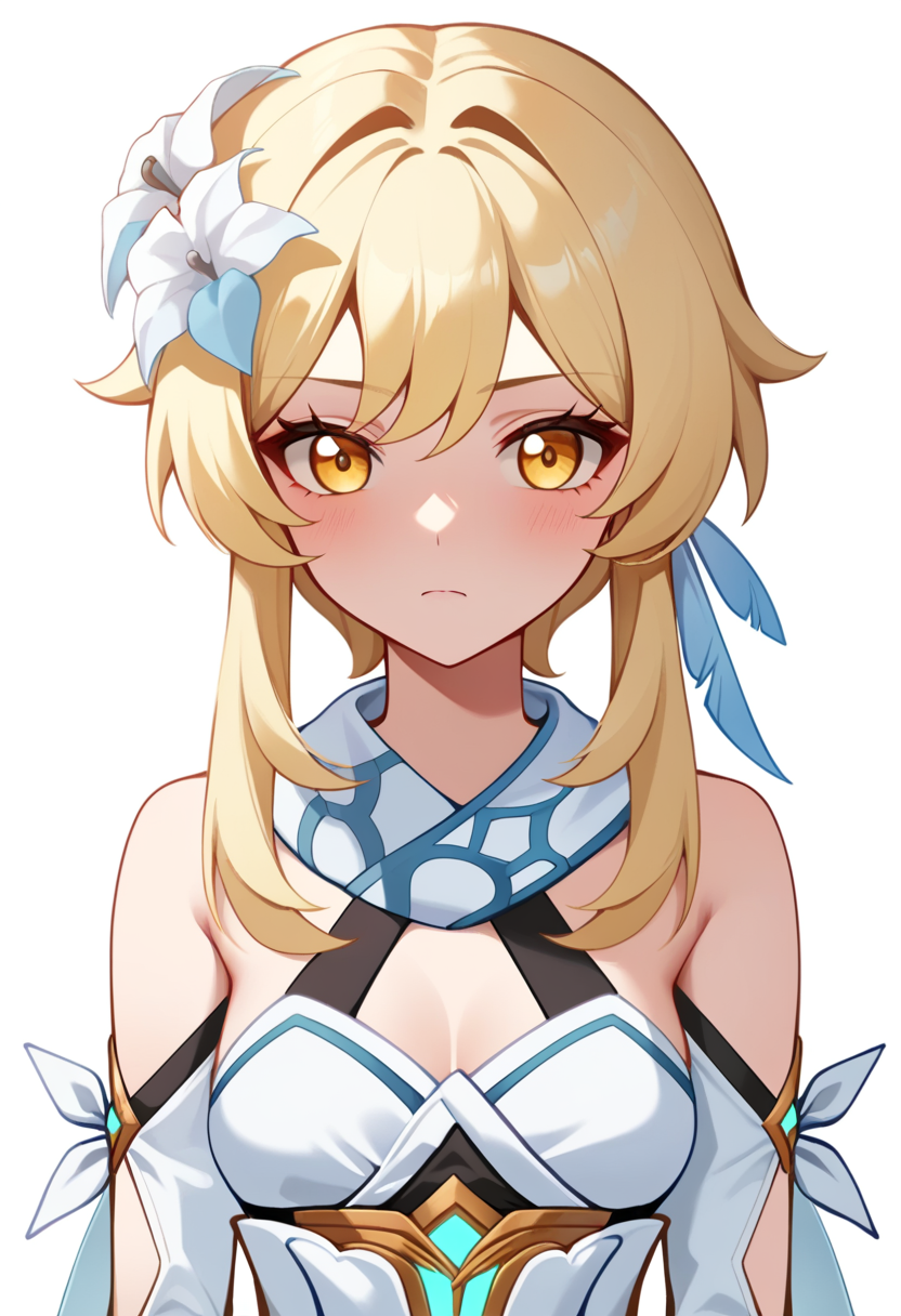 score_9,score_8_up,score_7_up,<lora:genshin_pony_v3:1>,1girl, lumine_\(genshin_impact\), solo, upper_body, highres, absurdres, simple_background, white_scarf, frown, detached_sleeves, light_blush, hair_flower, white_background, closed_mouth, white_dress, buran_buta, looking_at_viewer