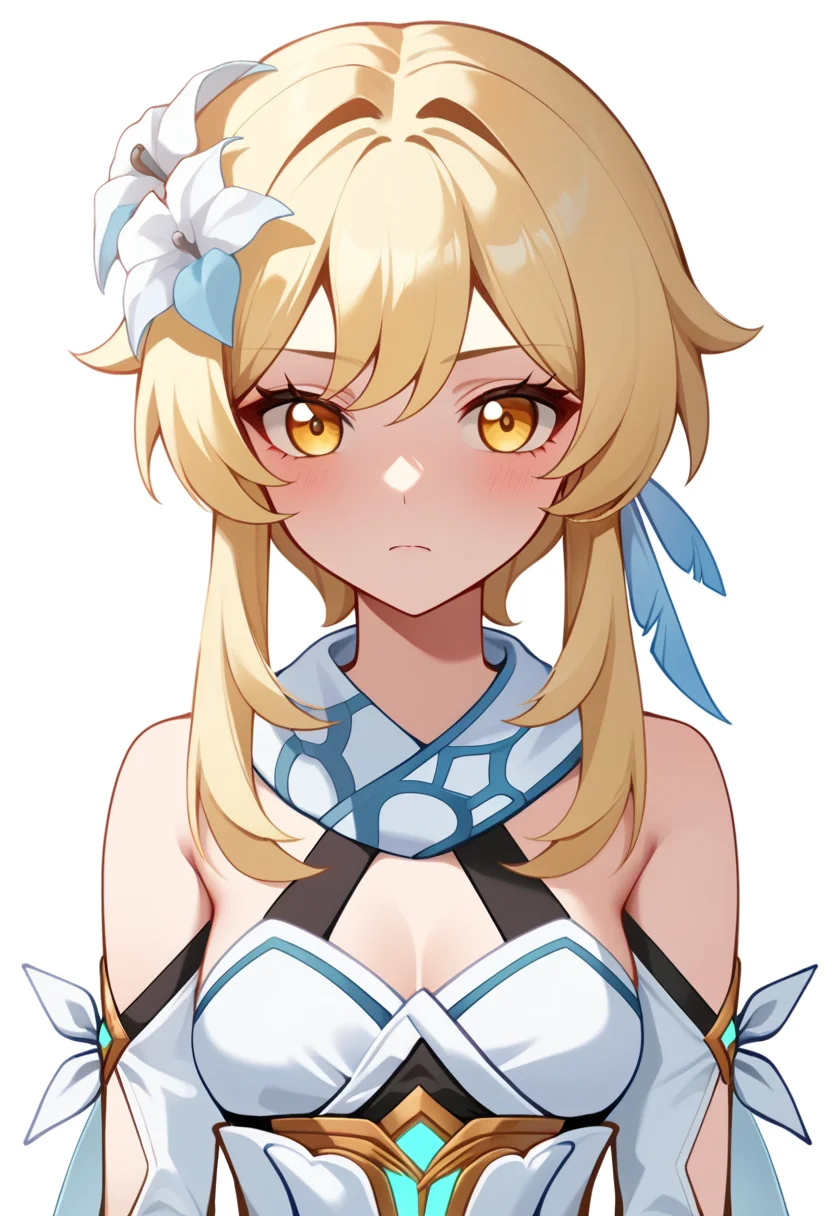 score_9,score_8_up,score_7_up,<lora:genshin_pony_v3:1>,1girl, lumine_\(genshin_impact\), solo, upper_body, highres, absurdres, simple_background, white_scarf, frown, detached_sleeves, light_blush, hair_flower, white_background, closed_mouth, white_dress, buran_buta, looking_at_viewer
