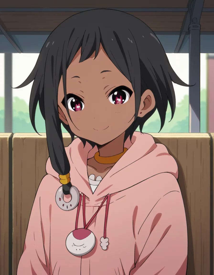 score_9, score_8_up, score_7_up, source_anime, <lora:choi-mochimazzi-s1-ponyxl-lora-nochekaiser:1>, choi mochimazzi, short hair, black hair, dark skin, dark-skinned female, pink eyes, sidelocks, jewelry, hoodie, pink hoodie, skirt,, bus stop, waiting, benches, shelter, route, smile, <lora:seductive-smile-ponyxl-lora-nochekaiser:1>, seductive smile, come hither, naughty face,, looking at viewer, solo,, dutch angle, cowboy shot