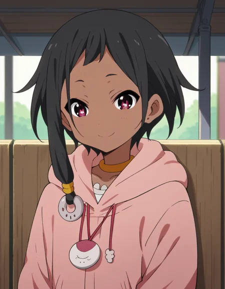 score_9, score_8_up, score_7_up, source_anime, <lora:choi-mochimazzi-s1-ponyxl-lora-nochekaiser:1>, choi mochimazzi, short hair, black hair, dark skin, dark-skinned female, pink eyes, sidelocks, jewelry, hoodie, pink hoodie, skirt,, bus stop, waiting, benches, shelter, route, smile, <lora:seductive-smile-ponyxl-lora-nochekaiser:1>, seductive smile, come hither, naughty face,, looking at viewer, solo,, dutch angle, cowboy shot