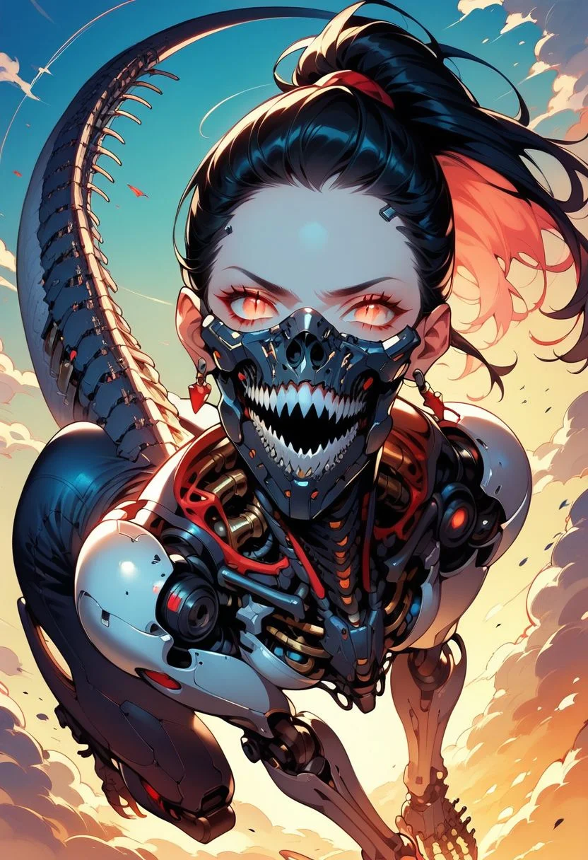 (score_9, score_8_up, score_7_up), zPDXL, 1girl, solo, battlefield, sunset, long hair, bangs, black hair, blunt bangs, slit pupils, jewelry, ponytail, earrings, sharp teeth, long teeth, hair bun, eyelashes, looking at viewer, mask,
science fiction, dinosaur cyborg body, android, cable, mechanical arms, long mechanical dinosaur legs, mechanical dinosaur tail, robot joints, mechanical parts, tube, spine, mouth mask, cyborg, cyberpunk, agile, dynamic pose, high angle view,
<lora:BioPunky:0.8>