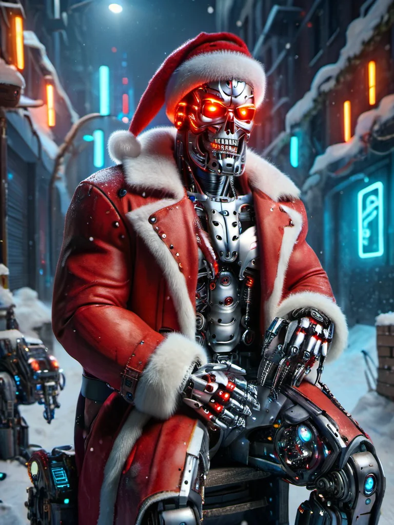ral-santa, terminator santa, a robot santa claus is sitting in a snowy city, futuristic and robotic <lora:ral-santa-sdxl:1>