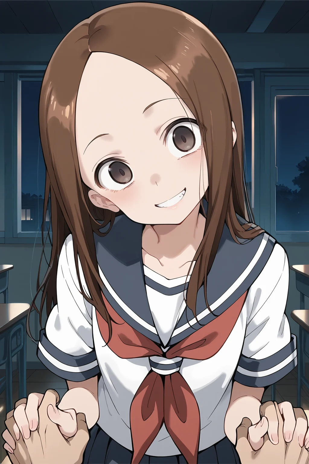 score_9,score_8_up,score_7_up,anime screencap,anime coloring,Cinematic Lighting,night,classroom,pov,1girl,<lora:takagi-san_v1.0:0.9>,takagi-san,long hair,<lora:CreepyHeadTilt:2>,evil smile,empty eyes,school_uniform,serafuku,white_shirt,short_sleeves,red_neckerchief,pleated_skirt,torn black_thighhighs,holding_hands,