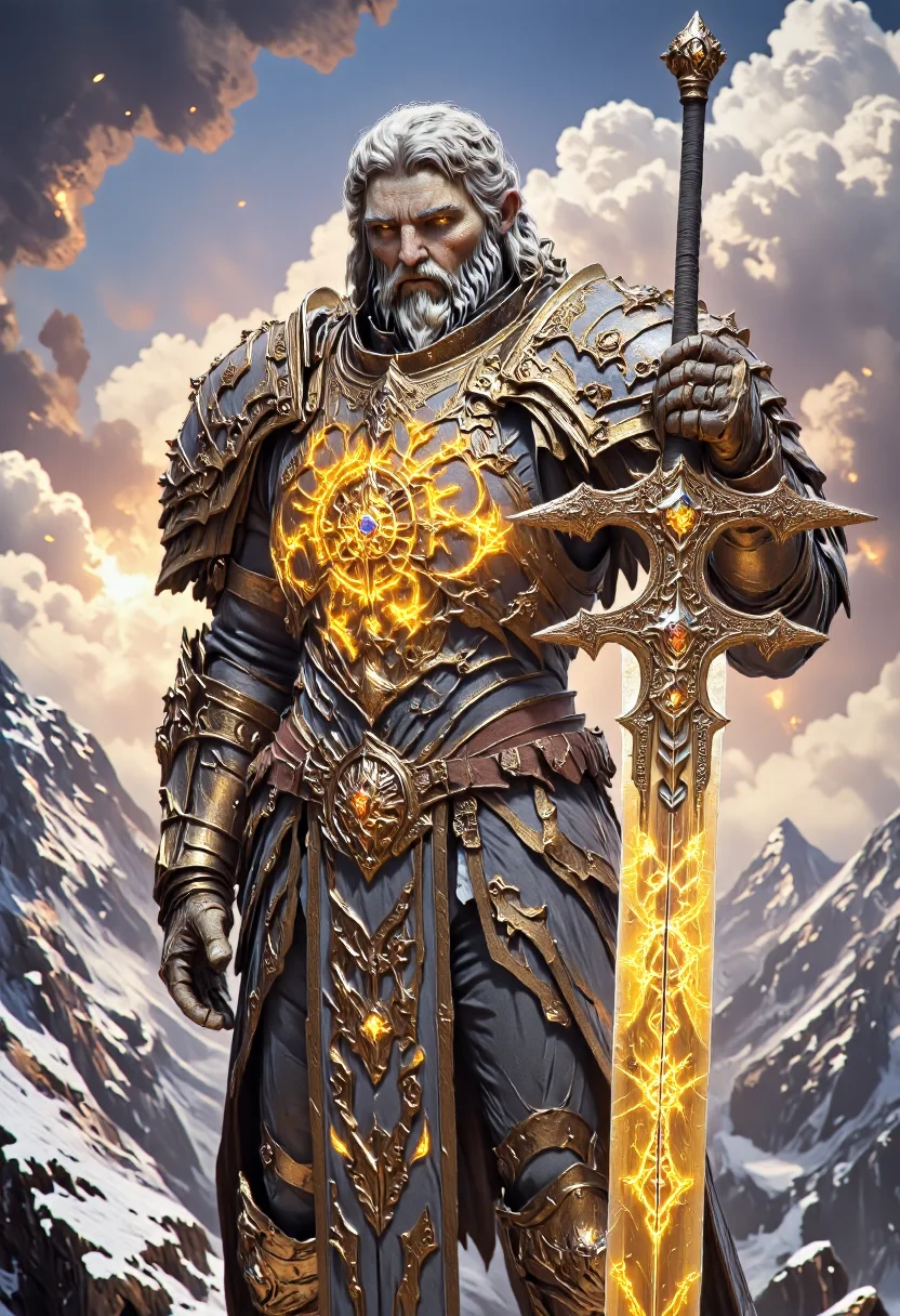 photoréalistic highly detailed  high-resolution  body-Shot photography featuring Tirion Fordring Old Noble Paladin, blue eyes, a wears a grey beard, grey mustache and grey long hair,he have large shoulders  .he wears an armor made of 24 carat gold, he wears pauldrons made of yellow crystal glass that glows with bright holy light,bordered with gold and gauntelts too. (he brandishes by its pommel a legendary longsword)  named ashbringer that have a large blade engraved xith magic runes with a big magic golden coin that glows embedded in the blade. he stands on a mountain .clear with some cloud and the sun is setting casting a warm atmosphere
