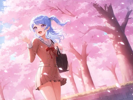 masterpiece,newest,absurdres,best quality,1girl,solo,kanon matsubara,purple eyes,blue hair,ribbon,long hair,one side up,hanasakigawa school uniform,standing,<lora:KanonMatsubara:0.7>,cherry blossoms,outdoors,open mouth,smile,