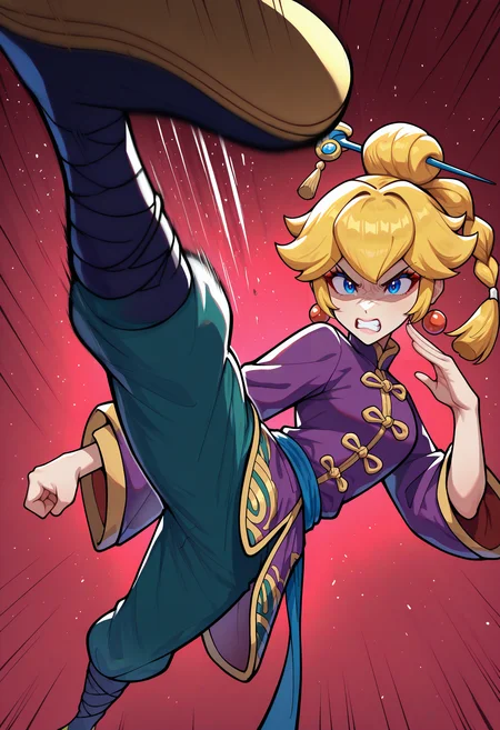 masterpiece, best quality, newest, absurdres, highres, 1girl, <lora:PrincessPeach_NoobAI_Incrs_v1-000012:1>, IncrsPchKungFu, blue eyes, long hair, bangs, braid, single braid, braided ponytail, single hair bun, hair ornament, purple chinese clothes, long sleeves, pants, wide sleeves, jewelry, earrings,
fighting pose, fight, raised leg, angry, kicking, kicking at viewer, foreshortening,