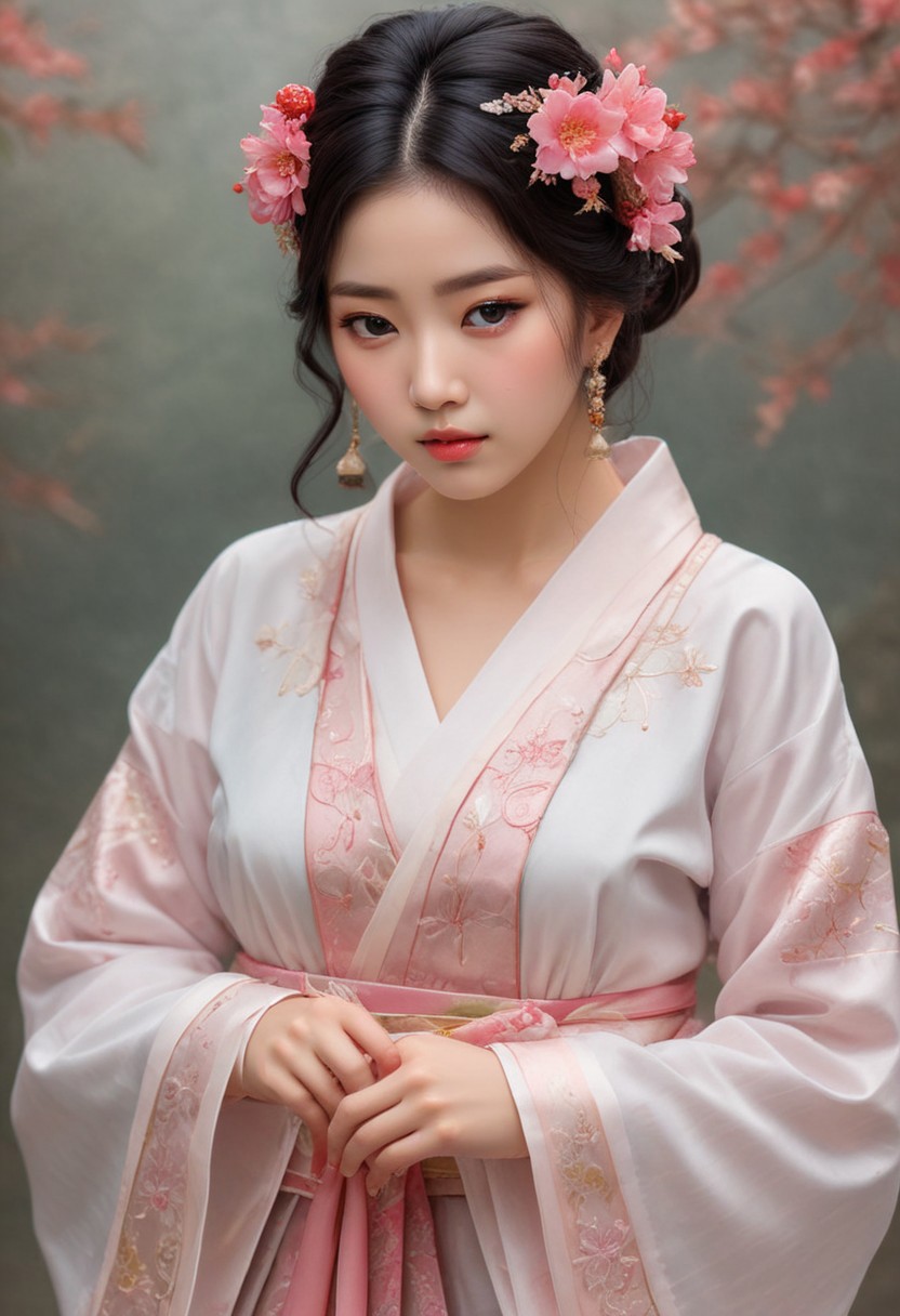 (RAW photo, best quality), (realistic, photo-realistic:1.2), score_9, score_8_up, score_7_up, Mid 20s, Korean, Female, 1girl, (3/4 body:1.2), slim, busty, beautiful Face, hanbok, large breasts, flower hair ornaments