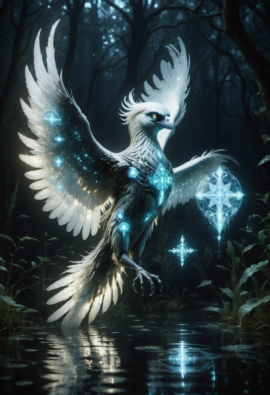 DonMT3chC057ruc7sXL harpy, phosphorescent flickering floating mysterious enchanting light, white, marshy, swampy, vanish, supernatural phenomena, , night , scifi, tech, metallic <lora:DonMT3chC057ruc7sXL:0.8>