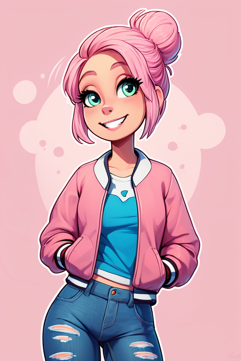 score_9, score_8_up, score_8, medium breasts, (curvy), cute, eyelashes,       BREAK, , zzBrooklynn, pink hair, single hair bun, pink jacket, denim pants,  <lora:Brooklynn_Jurassic_Park_PDXL_v2:0.7>, , BREAK, smile, looking at viewer,  abstract background, white outline, cowboy shot, embedding:zPDXL, Expressiveh, <lora:theOtherHalfPDXL:0.8>,  <lora:CatalystStylePDXL:0.6>,  <lora:SDXLFaeTastic2400:0.5>,  <lora:Expressive_H-000001:0.4>,