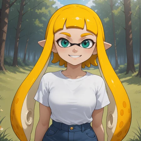 score_9, score_8, BREAK, solo, ssplatoon, inkling, female inkling, 1girl, tentacle hair, yellow hair, dark green eyes, cute, yellow eyebrows, white shirt, blue jeans, blue shoes, breasts, Bianca_(\OC_Inkling\), sexy pose, self portrait, smile, outdoors, sunlight, shadows, evening lighting, natural lighting, forest, trees, grass, orange sky, sunset