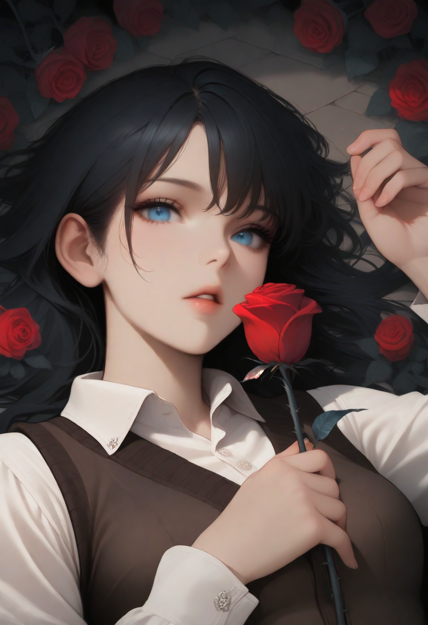 masterpiece, best quality, very aesthetic, 1girl, solo, lying, on back, parted lips, dark hair, long hair, looking at viewer, holding rose, blue eyes, white collared shirt, brown vest, upper body