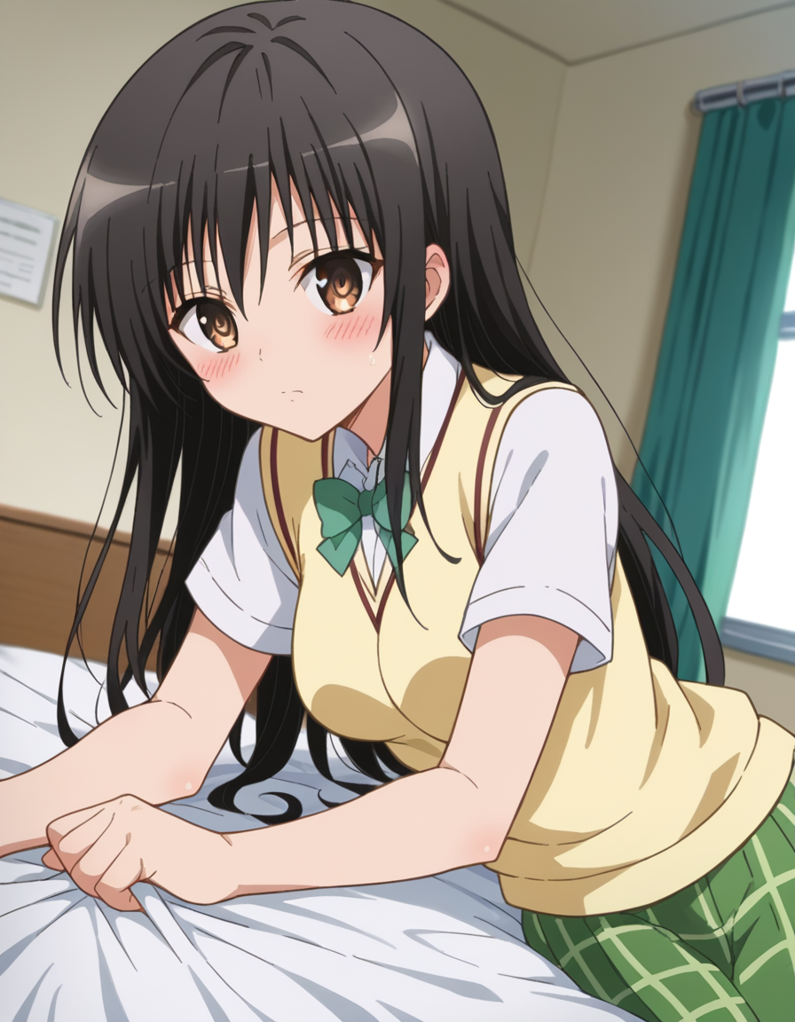 score_9, score_8_up, score_7_up, source_anime,
yuikotegawa, <lora:yui-kotegawa-darkness-ponyxl-lora-nochekaiser:1>,
yui kotegawa, black hair, brown eyes, long hair,
green skirt, plaid, plaid skirt, sainan high school uniform, school uniform, skirt, sweater vest, yellow sweater, short sleeves,
indoors, bed, bed room, on side, blush, drunk,
looking at viewer, dutch angle, cowboy shot,