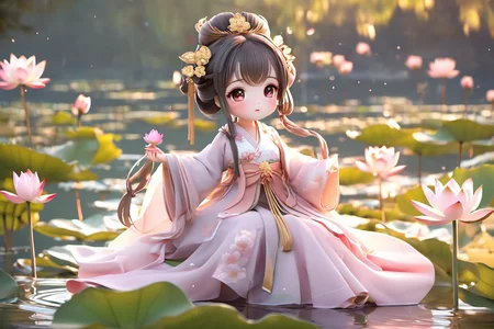 1 girlï¼chibi,hanfu, lotus, lake <lora:mengwa:0.8>