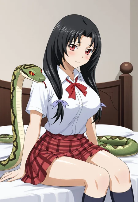 score_9, score_8_up, score_7_up, BREAK source_anime, masterpiece, anime screencap, shiny skin,
1girl, solo, kaku bunwa, long hair, black hair, twintails, red eyes, large breasts, hair ribbon, <lora:kaku_pony-000006:1>
school uniform, white shirt, red skirt, plaid skirt, socks,
sitting, blush, bed, sn4k3, snake, snake on shoulders, upper body