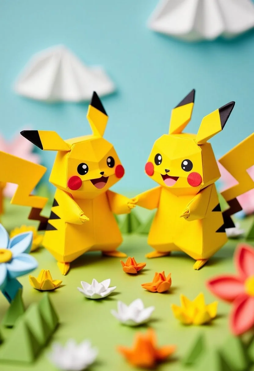 An intricate origami-style illustration of Pikachu holding hands with a girl Pikachu in a peaceful meadow, presented as an extreme macro close-up. The scene showcases vibrant yellows and soft pastel tones, with playful, exaggerated expressions on both Pikachus. Each character is crafted with a folded paper look and geometric precision, highlighting the delicate shapes of their ears, tails, and rosy cheeks. The meadow is filled with origami-style flowers and grass, with subtle folds and creases adding texture and depth. The whimsical style emphasizes the joy and warmth of their interaction, capturing small subject details and a sense of charm and innocence.