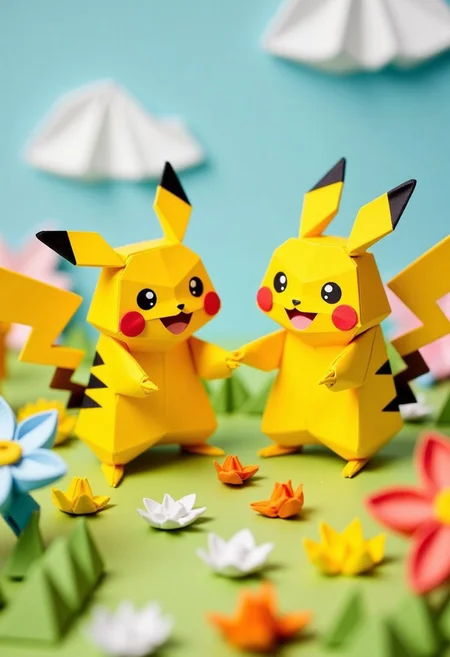 An intricate origami-style illustration of Pikachu holding hands with a girl Pikachu in a peaceful meadow, presented as an extreme macro close-up. The scene showcases vibrant yellows and soft pastel tones, with playful, exaggerated expressions on both Pikachus. Each character is crafted with a folded paper look and geometric precision, highlighting the delicate shapes of their ears, tails, and rosy cheeks. The meadow is filled with origami-style flowers and grass, with subtle folds and creases adding texture and depth. The whimsical style emphasizes the joy and warmth of their interaction, capturing small subject details and a sense of charm and innocence.