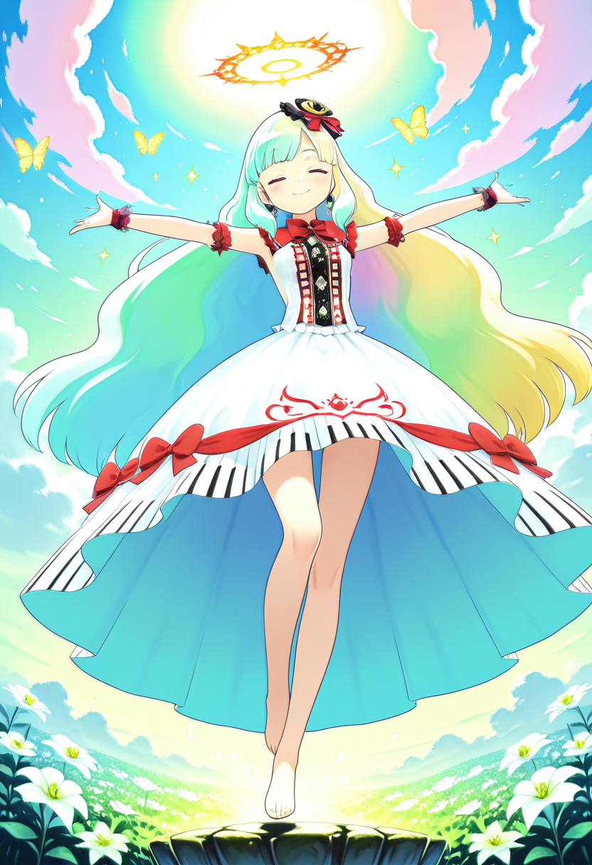 masterpiece, best quality, 1girl, solo,   zzMayu, pastel rainbow hair, soft curls, translucent dress, petal sleeves, bare feet, flower vines, floating islands, fluffy clouds, white lilies, butterflies around, floating pose, arms extended, eyes closed, dreamy smile, teal sky, sparkles, glowing runes, enchanted mood, fantasy illustration, soft gradients       narrow waist,  , <lora:MAYULoveLogic_IXL:1.0>,