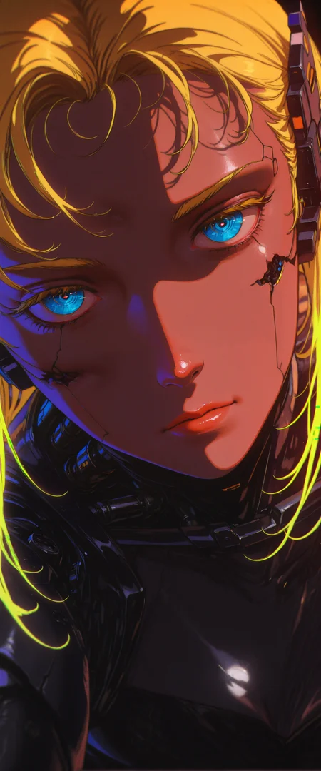 ((absurdres, high_quality, masterpiece)), (dynamic_angle, foreshortening, depth_of_field), blurry_background, (anime_coloring, flat_colors, cel-shaded), (lens_flare), chromatic_aberration, scanlines, (grainy_texture:1.4), (film_grain:1.3), retro_artstyle, 1980s_\(style\), (1990s_\(style\)), vhs_artifacting, halftone, limited_palette, neon_lighting)
(D4rkR3troSc1f1, egirlpfp, portrait, close-up, (cyborg:1.4), mechanical_eye, android, (damaged_face:1.4), artificial_skin, detailed_face, intricate_cybernetics, (blue_eyes:1.3), realistic_pupils, dramatic_shadows, (intense_gaze:1.2), expressionless, emotionless, long_hair, blonde_hair, (glitch_effect:1.3), neon_glow, lens_flare, cinematic_lighting, (dark_cyberpunk:1.4), depth_of_field, chromatic_aberration, scanlines, mechanical_detailing)