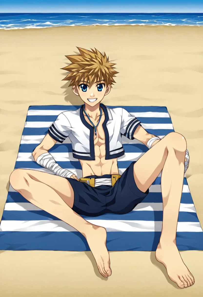 connor bleufin, blond hair, short hair, spiky hair, blue eyes, 1boy, solo focus, solo, alone, lie on Picnic Mat, beach sand, hand spread, leg spread, open clothes, crop shirt, bandage on waist, bandage on hands