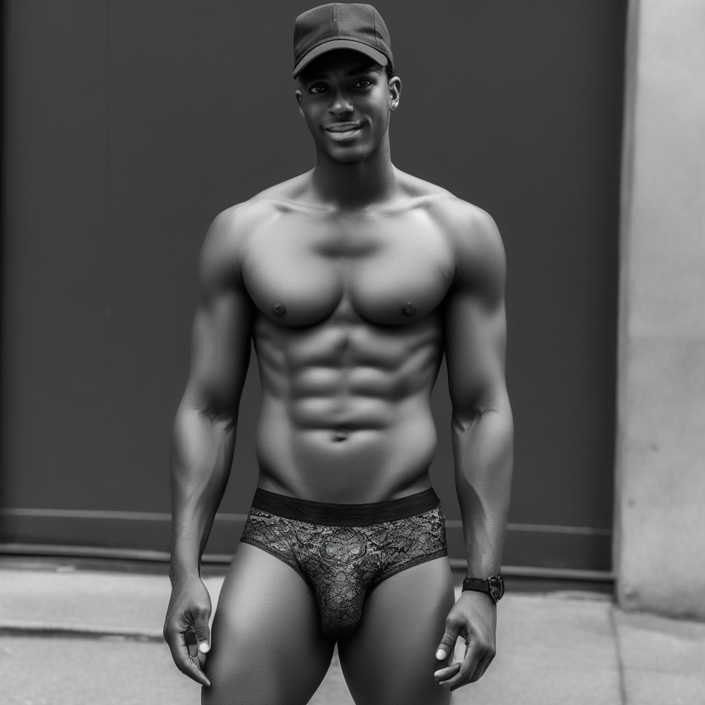 monochrome, male underwear, street, holding phone, teeth, looking at viewer, hat, black male underwear, hand in pocket, shirt lift