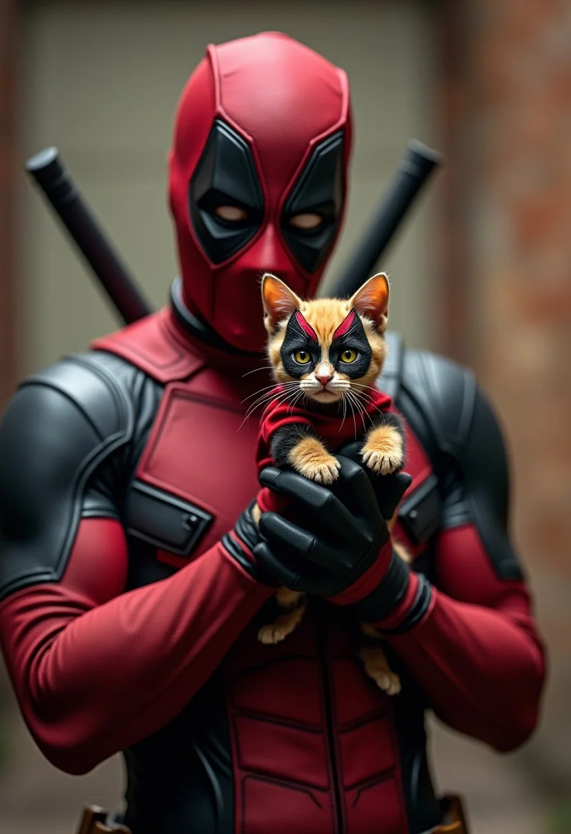 Deadpool holding a tiny cat in a tiny X-Men costume