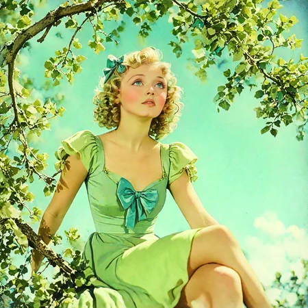 <lora:30s_Technicolor_MovieSDXL:1> ArsMovieStill, movie still from a 1930s technicolor movie, The image shows a woman in a green dress sitting on a tree branch with a blue sky in the background., 1girl, solo, blonde hair, dress, tree, curly hair, sitting, sky, in tree, bow