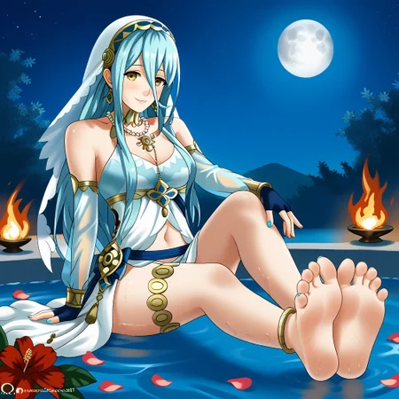 1girl, solo, breasts, looking_at_viewer, very_long_hair, blue_hair, sitting, jewelry, barefoot, blush, azura_(fire_emblem), fire_emblem, hair_ornament, navel, water, bare_shoulders, hair_between_eyes, dress, bangs, smile, cleavage, aqua_hair, hairband, anklet, eyebrows_visible_through_hair, yellow_eyes, bracelet, closed_mouth, see-through, collarbone, earrings, flower, sky, outdoors, detached_sleeves, veil, parted_lips, ribbon, small_breasts, thighs, white_dress fire_emblem_heroes, nail_polish, moon, night, necklace, arm_support, wet, petals, bare_legs, sidelocks, glove,s yellow eyes, partially_submerged, white_legwear, thigh_strap, shiny_hair, hair_ribbon, long_sleeves, legs, fire_emblem_fates, open_mouth, fingerless gloves thighlet, toes, barefoot, foot focus, smile,