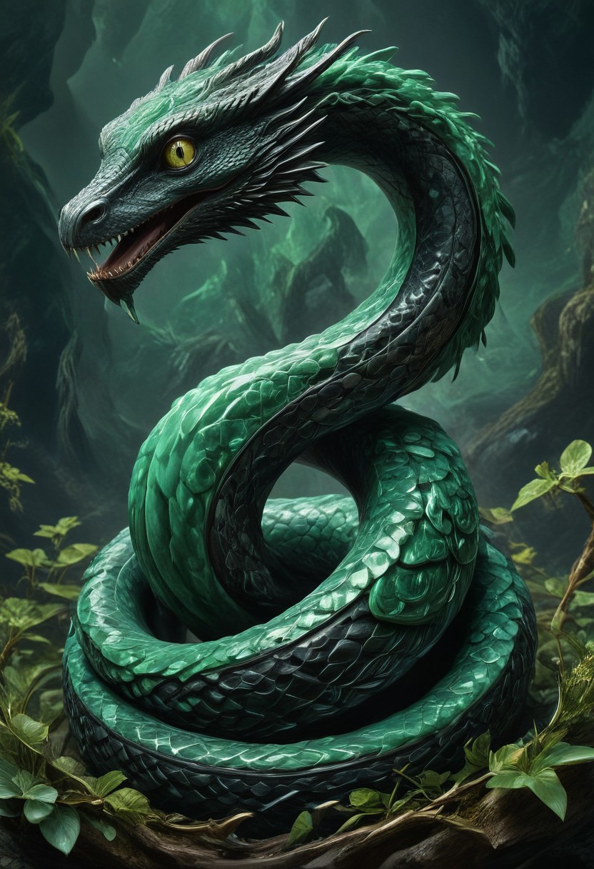 made from jade and obsidian, jade, obsidian,score_9, score_8_up, score_7_up, expensive looking,harry potter, chamber of secrets, basilisk, giant snake