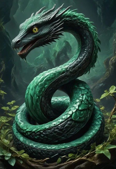 made from jade and obsidian, jade, obsidian,score_9, score_8_up, score_7_up, expensive looking,harry potter, chamber of secrets, basilisk, giant snake