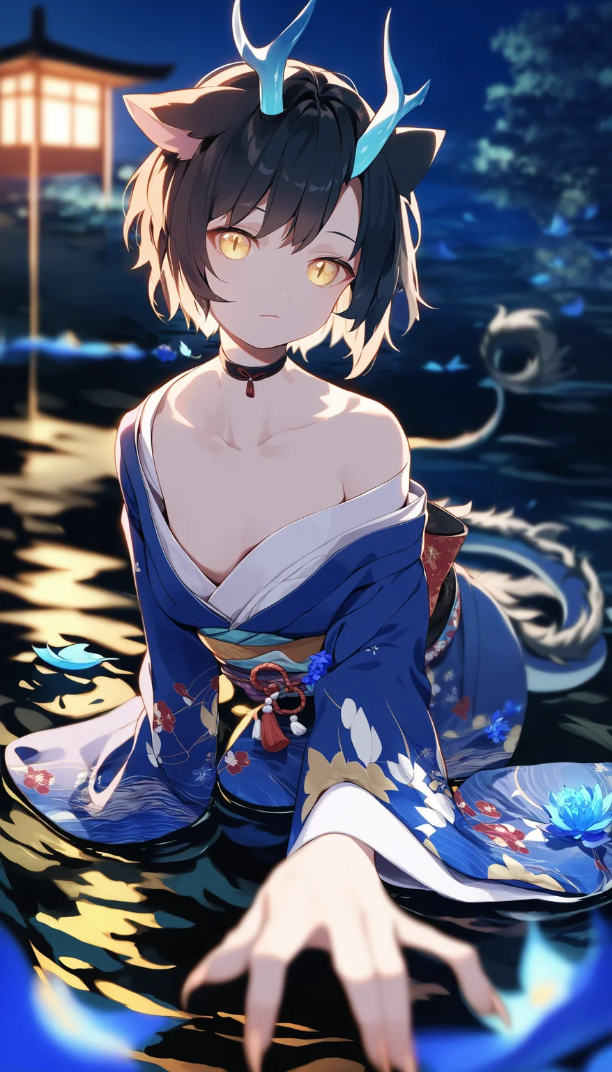 1girl, solo, fin, black hair, short hair, yellow eyes, hand up, body fur, blue flower, choker, fingernails, closed mouth, long sleeves, collarbone, japanese clothes, cat girl, kimono, nape, eastern dragon, dragon horns,
claws, off shoulder,
from below,
all fours, closeup, extended downblouse ,
depth of field, blurry, foreshortening,
dappled moonlight, outdoors, stream, nature, scenery, moonlight, night sky, kimono, leaf, nape, lake, partially submerged, reflective water, bioluminescence,
score_9, score_8_up, score_7_up, source_anime, masterpiece, very aesthetic
<lora:quality_modifiers_masterpieces_v1:1>