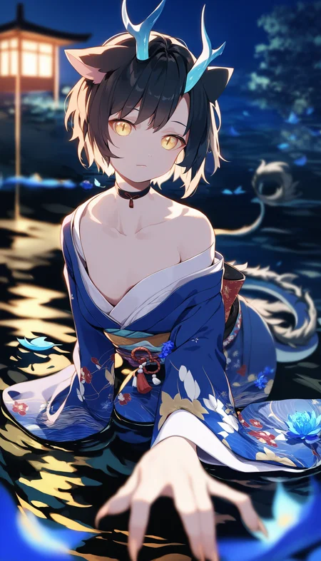 1girl, solo, fin, black hair, short hair, yellow eyes, hand up, body fur, blue flower, choker, fingernails, closed mouth, long sleeves, collarbone, japanese clothes, cat girl, kimono, nape, eastern dragon, dragon horns,
claws, off shoulder,
from below,
all fours, closeup, extended downblouse ,
depth of field, blurry, foreshortening,
dappled moonlight, outdoors, stream, nature, scenery, moonlight, night sky, kimono, leaf, nape, lake, partially submerged, reflective water, bioluminescence,
score_9, score_8_up, score_7_up, source_anime, masterpiece, very aesthetic
<lora:quality_modifiers_masterpieces_v1:1>