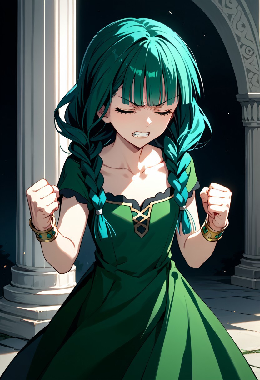 score_9,score_8_up,score_7_up,source_anime,Atla Fayon,1girl,solo,dress,jewelry,collarbone,closed eyes,braid,teeth,blunt bangs,bracelet,twin braids,parody,clenched teeth,clenched hands,green dress,pillar,