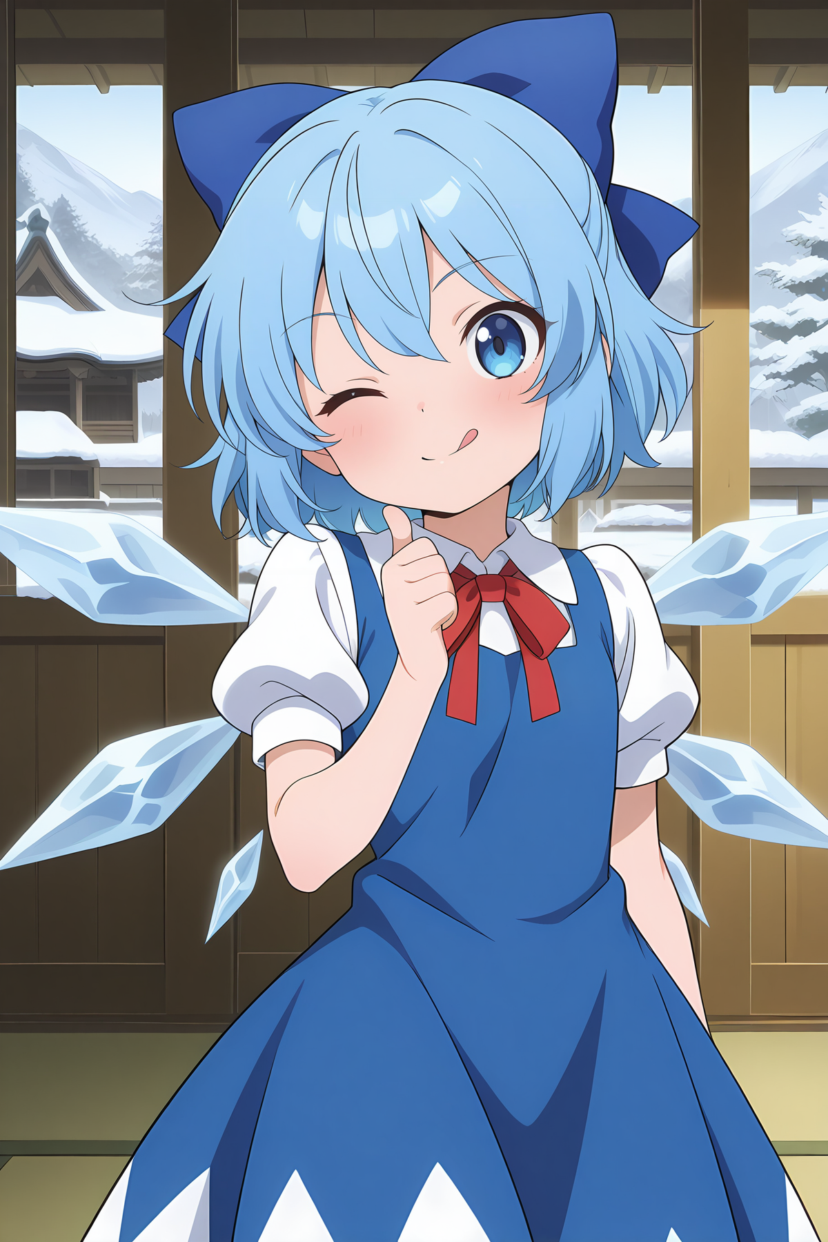 absurdres, highres, masterpiece, best quality, amazing quality, official anime artwork, screencap, anime screencap, indoors, hakurei shrine, one eye closed, licking lips, thumbs up, snow, winter, 
 <lora:Cirno_Illustrious:1> cirno, 1girl, solo, blue eyes, blue hair, short hair, ice wings, ice,, bow, hair bow, dress, blue dress, short sleeves, blue bow, puffy sleeves, red ribbon,