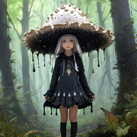 (("a cute witchgirl wearing a mushroom hat shaped like a coprinus_comatus with deliquescence drips")) in a supernatural forest, beautiful digital illustration by yoshitaka amano, dan mumford, Nicolas delort, jeff koons, photorealism, crisp, UHD, fantasy, gorgeous linework, a complex and intricate masterpiece, cel-shaded, clean and sharp