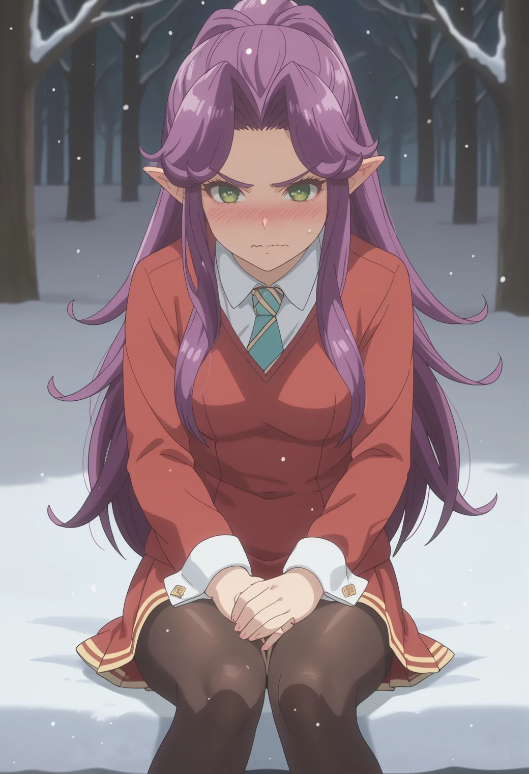 score_9, score_8_up, score_7_up, anime screencap, BREAK, 1girl, solo, <lora:DX888Angela:1> angela, pointy ears, green eyes, purple hair, long hair, hair intakes BREAK Sitting with legs tucked under hands on the lap v-shaped eyebrows, wavy mouth, nose blush, pout, Pleated Mini Dress & Leggings - Mini dress with pleats, leggings can be worn underneath for warmth. outdoors, snow, snowing,