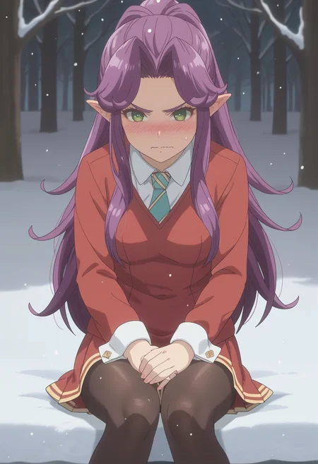 score_9, score_8_up, score_7_up, anime screencap, BREAK, 1girl, solo, <lora:DX888Angela:1> angela, pointy ears, green eyes, purple hair, long hair, hair intakes BREAK Sitting with legs tucked under hands on the lap v-shaped eyebrows, wavy mouth, nose blush, pout, Pleated Mini Dress & Leggings - Mini dress with pleats, leggings can be worn underneath for warmth. outdoors, snow, snowing,