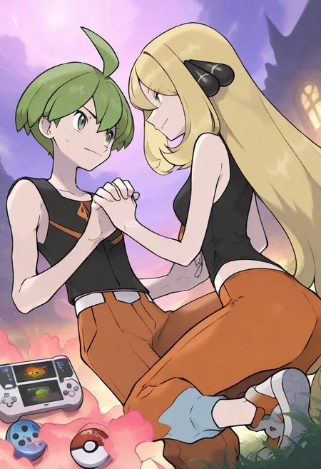 masterpiece, best quality, very aesthetic, absurdres, sharp details, pokemon, 1girl, 1boy, green hair, blonde hair, grey eyes,long hair, 
hair over one eye, short hair,green eyes,ahoge, straight hair, sidelocks, holding hands, eye contact, outdoors, Aaron(pokemon), cynthia (pokemon), hetero, closed mouth,couple,puzzle_morph_rks,
black sleeveless shirt, orange pants, white with orange shoes, belt
sugimori ken,
Indoor,Play games together,smile,sweat
gaming,