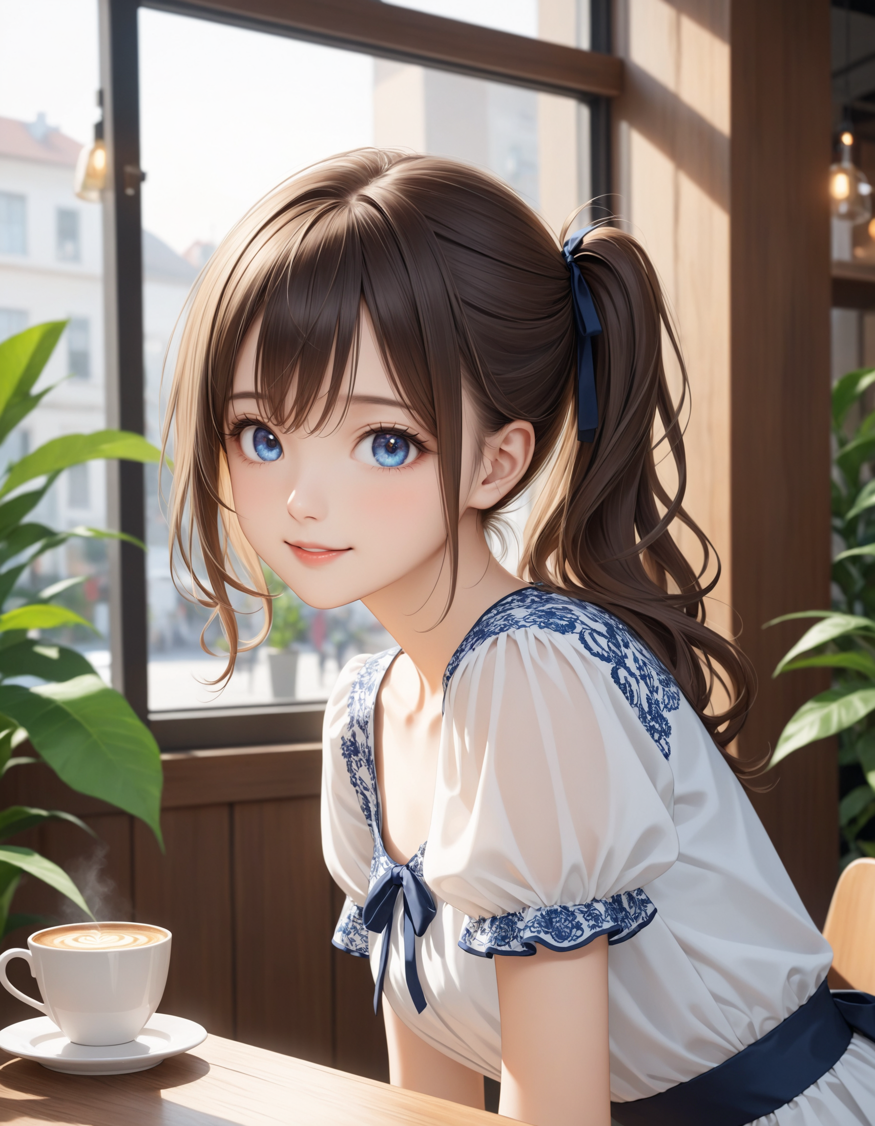 SceneDescription:
  - Composition: Portrait. Shooting from front.
  - Subject: A cute girl.
    - Characteristics:
      - Face: (Cute round face:1.2).
      - Eyes: Detailed blue eyes.
      - Hair: Wavy hair, high side ponytail, brown hair, ahoge and hair between eyes.
      - Body: Detailed slender body. Medium breasts.
      - Clothing: White chiffon a-line dress, flutter short sleeves, layered ruffled skirt and ribbon waist.
      - Expression: Happy expression.
      - Posing: Sitting on the chair. Head tilt. Looking at viewer.
  - Background: Inside fashionable cute cafe.
    - Elements: A cofee cup on the table. Decorative plants. Street view from window.
Time: Daytime.
Lighting: (Natural lighting:1.4).
ArtStyle: photorealistic.
Quality: Intricate details. Extremely detailed. Outstanding intricacies. (Masterpiece:1.2). (Best quality:1.2). (Absurdres absolutely resolution:1.4).
Mood: Serene atmosphere.