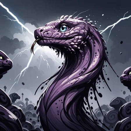 score_9, score_8_up, score_7_up, score_6_up, score_5_up, score_4_up, ink splats, gleaming metal snake made of silvery metal, in the workshop of a wizard, lightning shooting from its mouth, feral, armless, forked tongue