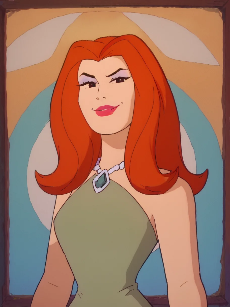 easynegative, zPDXL ,1girl, solo, cowboy shot, looking at the viewer, flirty, smug
<lora:Sheera_Mightor_Pony:1> sheera, red hair, long hair, lipstick, makeup, black eyes, dress, necklace
<lora:Artist_Style_-_Melkor_Mancin_Romulo_Mancin_Style_PDXL:.55> <lora:Scooby-Doo_1999_style:.65> <lora:PerfectEyesXL:1> perfecteyesâââ