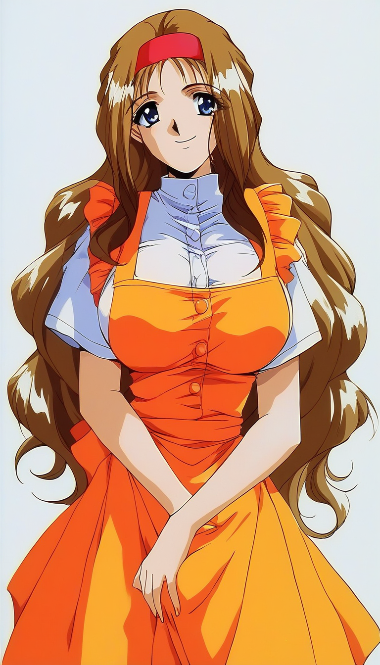 score_9, score_8_up, score_7_up, source_anime, rating_explicit, BREAK <lora:Kokubo_Reika_OVA_XL:1>Kokubo_Reika_OVA, brown hair, long hair, blue eyes, large breasts, 
1girl, solo, hairband, waitress, bow, smile, orange apron,