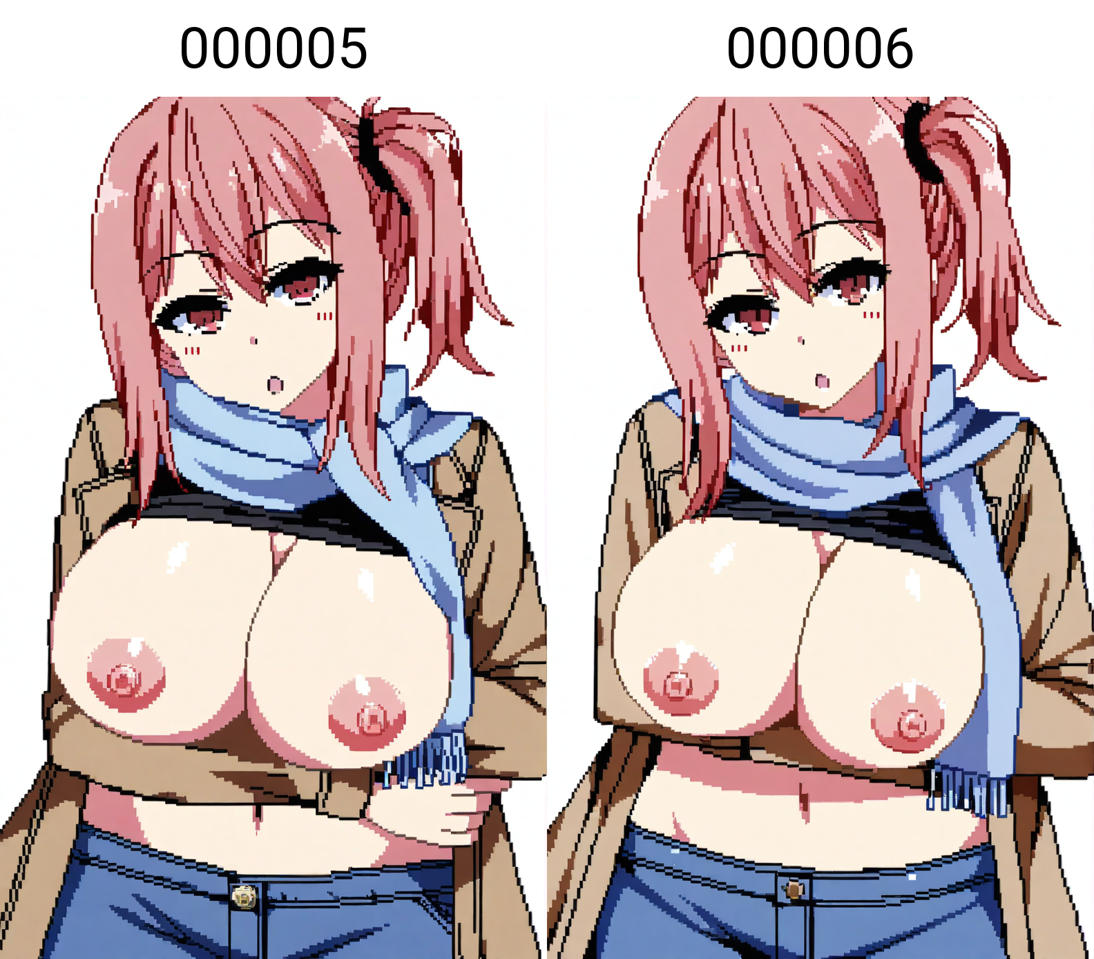 character: Mizuki (ç¾æ), character: Mizuki (ç¾æ) clothes2, pixel art, 1girl, solo, simple background, white background, cowboy shot, looking at viewer, open mouth, pink hair, large breasts, breast hold, arm under breasts, breasts out, nipples, navel, shirt lift, blue scarf, open clothes, blue jeans, red eyes, open coat, black shirt, :o, side ponytail, brown coat
<lora:Mizuki (ç¾æ) v7.4 (å¤æè£æ­£ååå¾ç¿»è½¬)-000005:1>