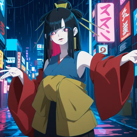 Neon noir, score_9, score_8_up, score_7_up, score_6_up, score_5_up BREAK t1u5, 1girl, mole under mouth, colored sclera, pink eyes, symbol-shaped pupils, long hair, black hair, blue kimono, sleeveless, earrings, hair stick, hime cut, sidelocks, hair ornament, colored inner hair, yellow obi, red sleeves, detached sleeves, cowboy shot, pale skin, looking at viewer, solo, <lora:tukiGirlPDXL16v0.95cametx1-000008:0.8>, Cyberpunk, dark, rainy streets, neon signs, high contrast, low light, vibrant, highly detailed