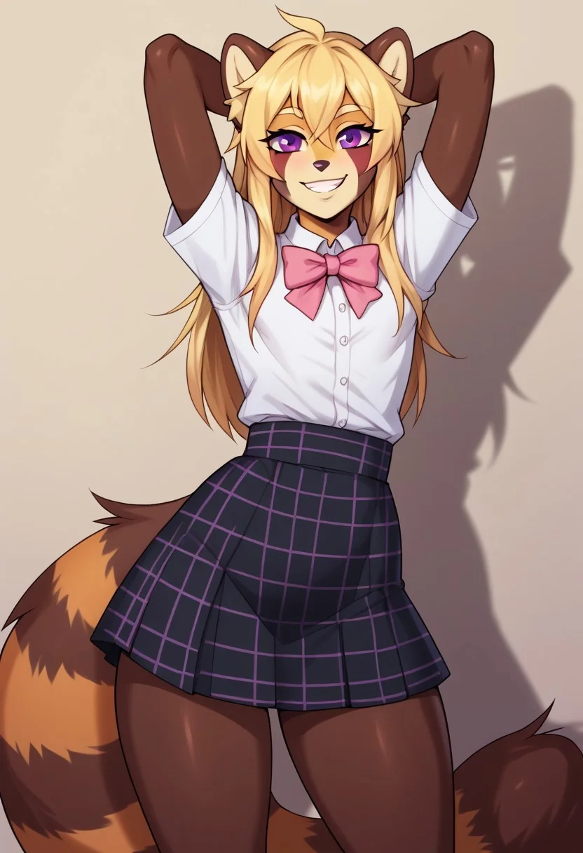 drawpanther_style,score_8_up, score_7_up, solo, foxacuwaku, red panda,1boy, femboy, long blonde hair, purple eyes, slim waist, wide hips, multicolored skin, brown tail, yellow face, BREAK,cute, sunny day, white shirt, pink bow tie, black plaid skirt, looking at the viewer, hands behind his back, wide smile,peech bubble above his head saying ''AcuWacu you are the best!''