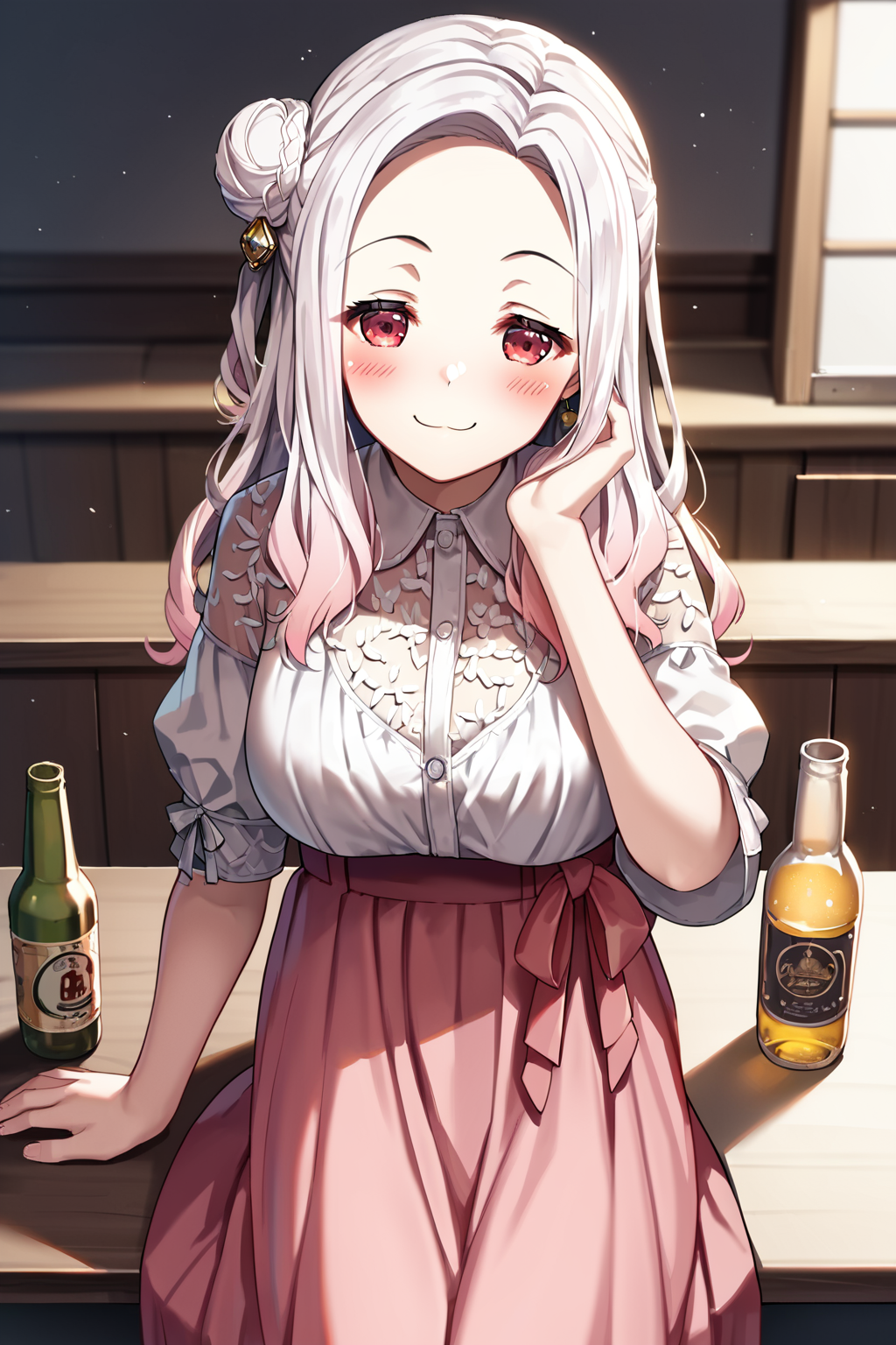 score_9, score_8_up, score_7_up, score_6_up, rating_safe, source_anime, best quality, masterpiece, apartment, futon, sitting, drunk, bottle of beer, :3, =3, cat_smile, <lora:momonouchi-sumomo-xl-04:0.8>, momonouchi sumomo, side bun, white lace blouse, pink long skirt, big breasts, half-closed eyes, blush, red_eyes