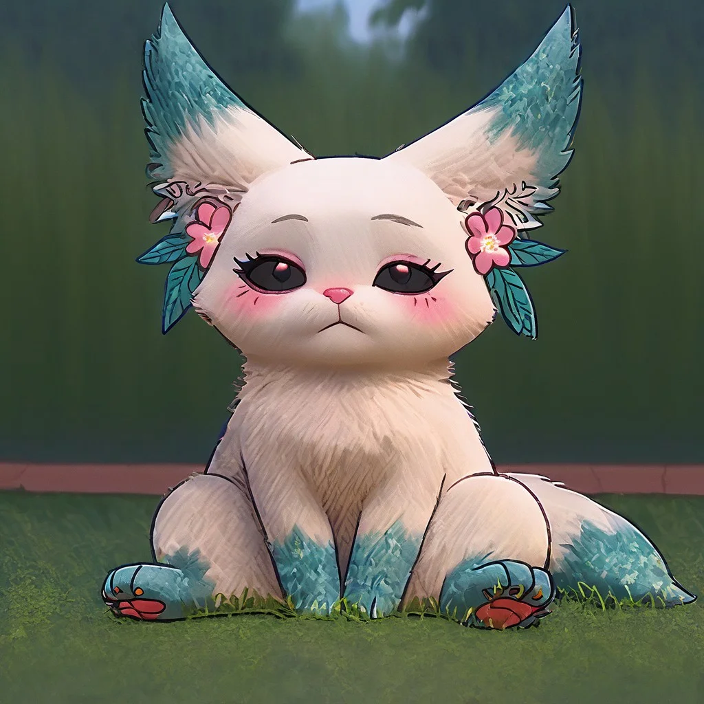 Minto, white fur, black sclera, black eyes, pink nose, paws, tail, turquoise edges at the ears, full body, outdoors, sitting on grass