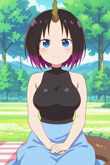 anime screencap, anime coloring, detailed face, masterpiece, best quality, very aesthetic, absurdres, volumetric lighting, official style, amazing quality, ultra detailed,  highres, amazing quality, scenery, beautiful detailed hair, beautiful detailed eyes,
outside, trees, picnic blanket,
 <lora:Elma_Miss_Kobayashis_Dragon_Maid:1>
Elma standard outfit, Elma (character), 1girl, horns, blue eyes, multicolored hair, solo, gradient hair, single horn, tail, black hair, breasts, looking at viewer, short hair, sitting, hands on lap, purple hair, detailed fingers, mouth open, smile, cowboy shot