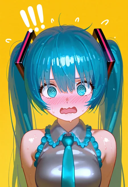 masterpiece, best quality, good quality, nyalia, youmuanon, fltccktl,
wet, shiny skin,hatsune_miku, 1girl, solo, long_hair, blush, open_mouth, bangs, shirt, hair_between_eyes, bare_shoulders, twintails, blue_hair, upper_body, sweat, frills, necktie, sleeveless, collared_shirt, aqua_eyes, sleeveless_shirt, aqua_hair, embarrassed, wavy_mouth, portrait, yellow_background, grey_shirt, close-up, !, @_@, !!, aqua_necktie
<lora:ai_styles_collection_noob_vpred-0.6_v2:1>