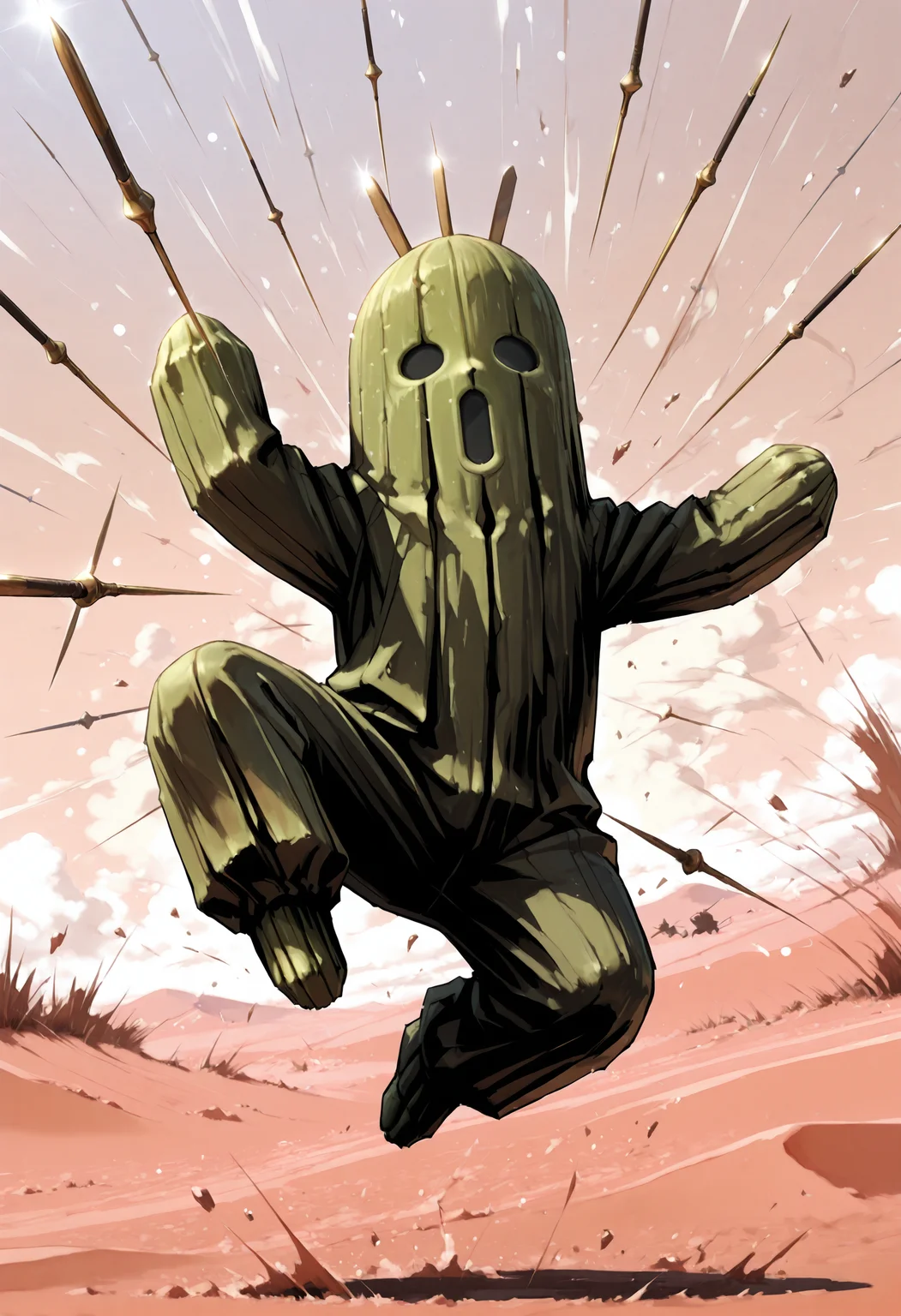 masterpiece,best quality,full_body,desert,1other,
BREAK cactuar,no humans,green skin,black eyes,needle,fighting stance,jumping,weapon,projectile,<lora:cactuar-IL:1>,