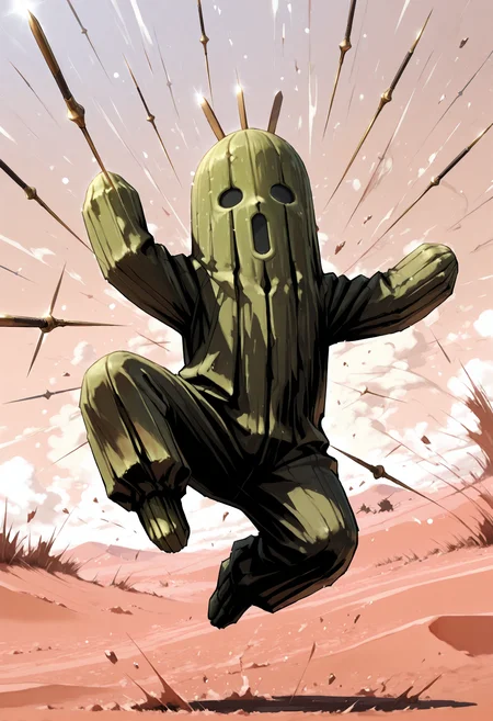 masterpiece,best quality,full_body,desert,1other,
BREAK cactuar,no humans,green skin,black eyes,needle,fighting stance,jumping,weapon,projectile,<lora:cactuar-IL:1>,